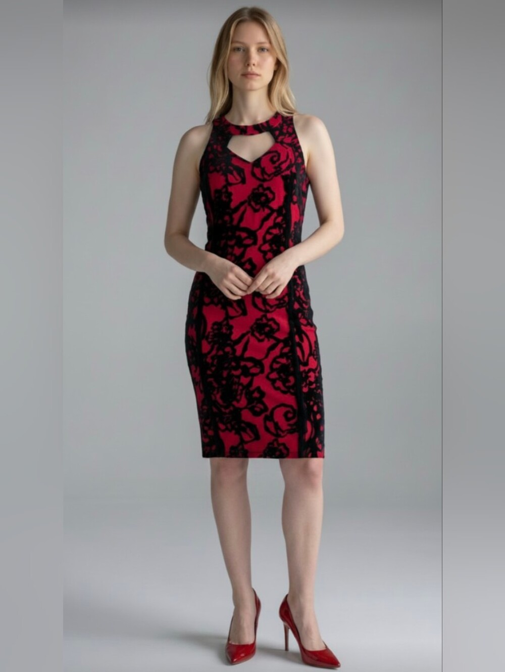 NWOT! ALBERTO MAKALI! FUSCHIA PINK)RED WITH BLACK LACE OVERLAY DRESS! SZ L